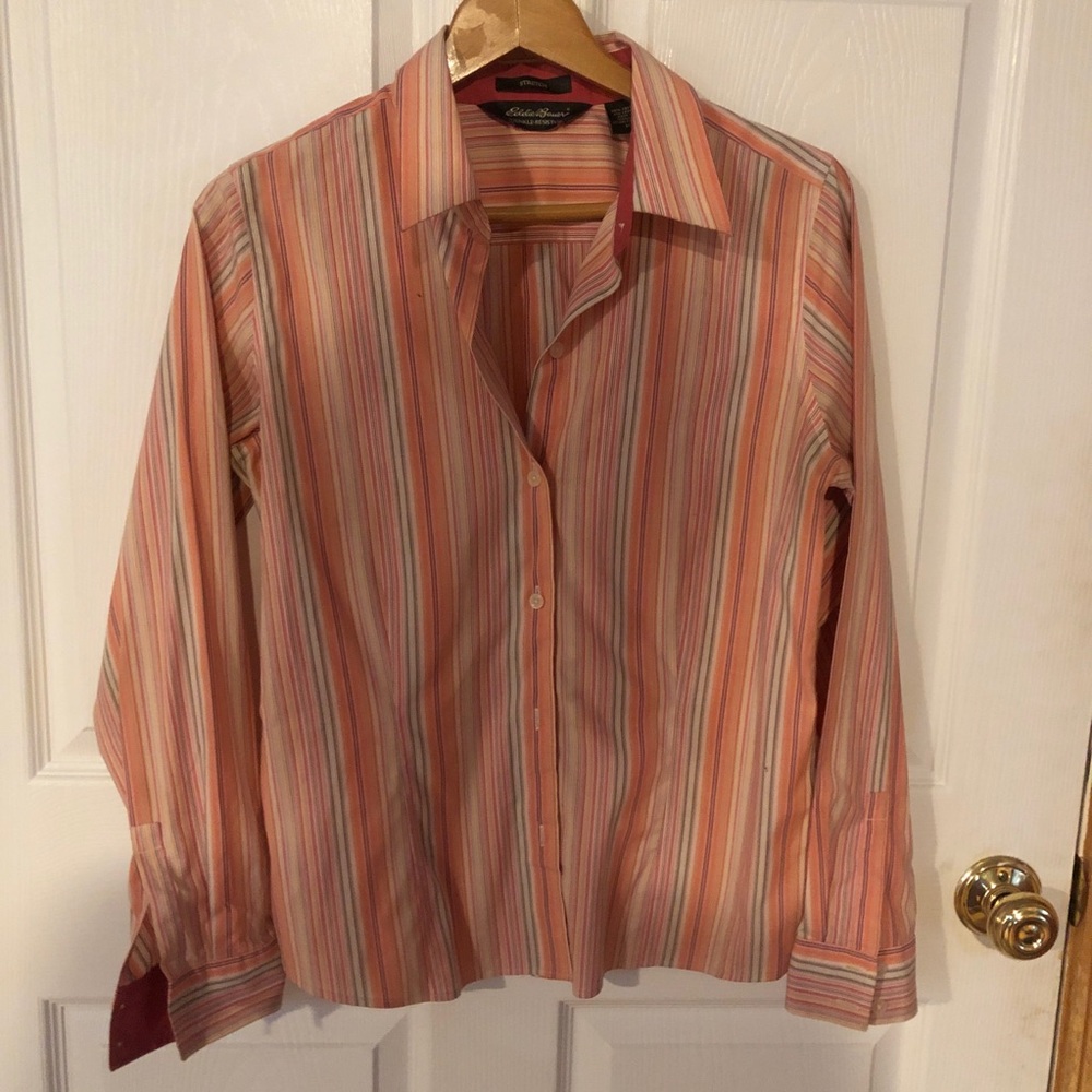 Eddie Bauer Shirt Womens Pink Striped Stretch Wrinkle Resistant Career Office